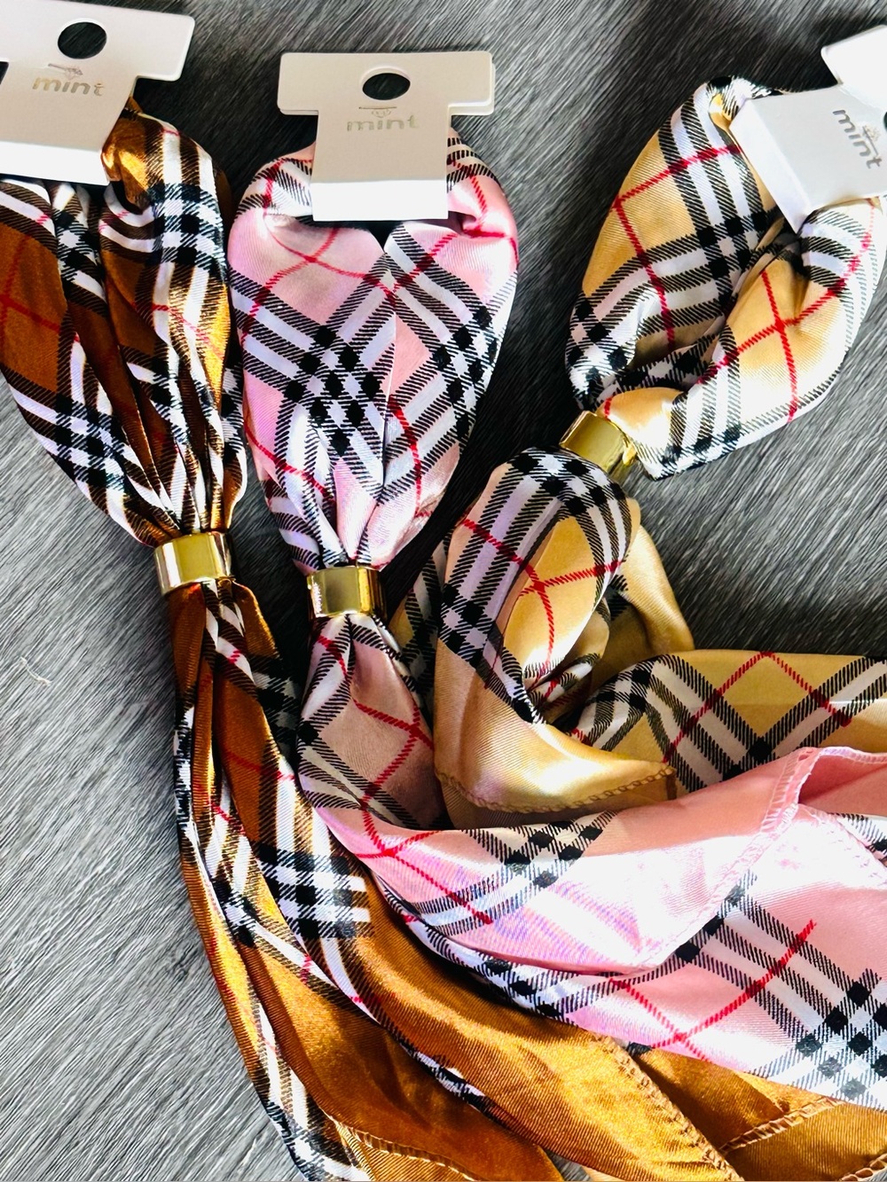 Mint Plaid Satin Scarf Set of 3  w/ Gold Tone Slider NWT Tan,Pink & Brown
